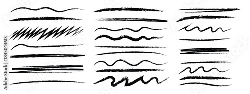 Hand drawn grunge brush stroke lines and wavy underlines. Doodles and curved lines, straight thin strokes. Grungy smears and rough crayon strokes symbol. vector illustration.