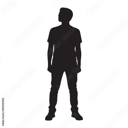 Full Length Young Man Silhouette Standing Straight Looking Away Isolated on White Background Casual Clothing Style