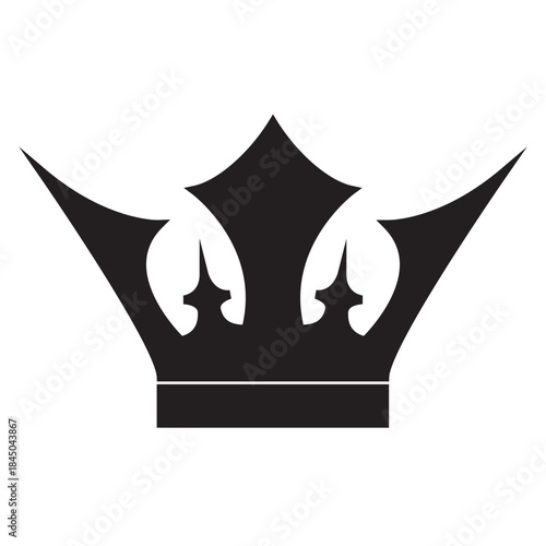 Bold, black silhouette of a highly stylized royal crown with geometric points and curves, which gives it a distinctly modern look. Related to authoritative, majestic royalty symbolism, luxury, success