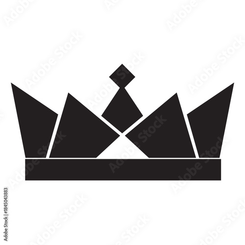 Bold, black silhouette of a highly stylized royal crown with geometric points and curves, which gives it a distinctly modern look. Related to authoritative, majestic royalty symbolism, luxury, success