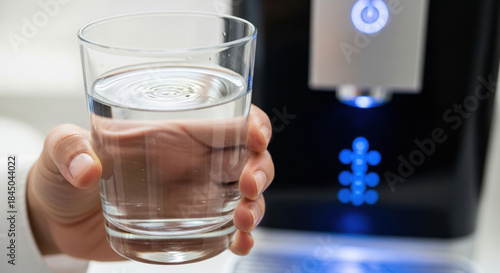 Hand holds glass of clean drink from water purifier. Modern purification technologies provide healthy fresh water for refreshing and satisfying lifestyle experience