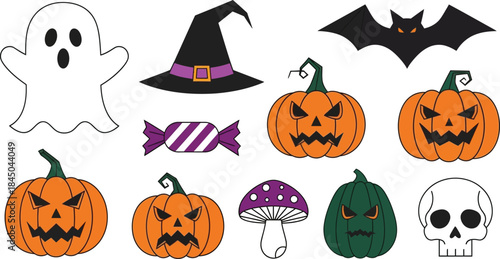 Set of halloween greeting card designs with textured grainy modern illustrations featuring ghost pattern, stack of pumpkins, night cemetery and cute spider,