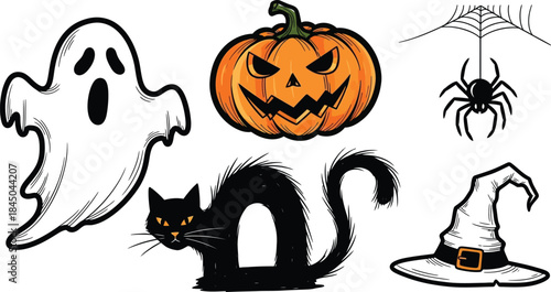 Set of halloween greeting card designs with textured grainy modern illustrations featuring ghost pattern, stack of pumpkins, night cemetery and cute spider,
