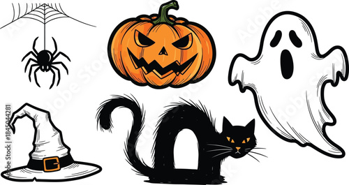 Set of halloween greeting card designs with textured grainy modern illustrations featuring ghost pattern, stack of pumpkins, night cemetery and cute spider,