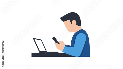 Man working on laptop and smartphone at desk.