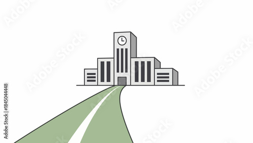 Modern Building with Clock Tower and Green Path Leading to Entrance.