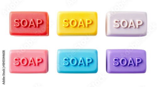 Soap bar collection with vibrant colors and embossed lettering on a white background