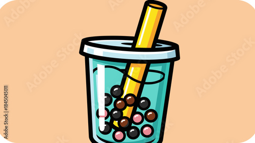Illustration of a bubble tea drink with a straw and tapioca pearls in a plastic cup.