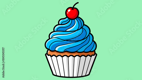 Illustration of a cupcake with blue frosting and a cherry on top.