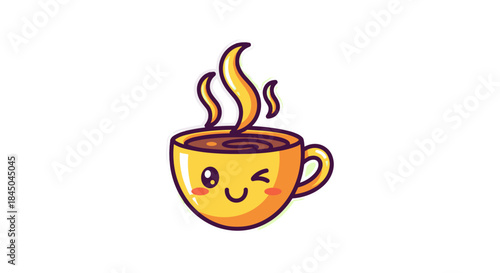 A cute yellow coffee cup with a winking face and steam rising from the hot beverage.