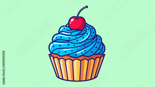 Illustration of a cupcake with blue frosting and a cherry on top, set against a light green background.