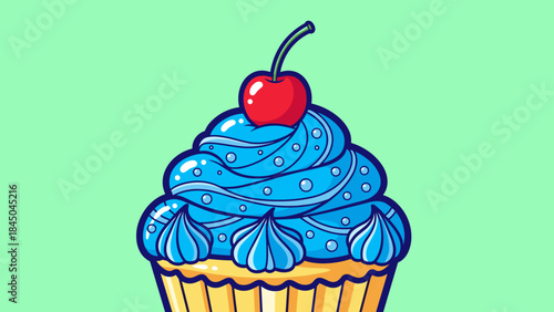 Illustration of a cupcake with blue frosting and a cherry on top.