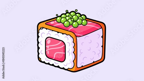 Isometric cartoon sushi cube with salmon and green roe on top, isolated on a light purple background.