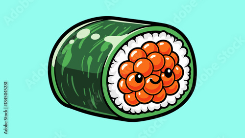 Cartoon sushi roll with smiling fish roe filling and seaweed wrap on a blue background.