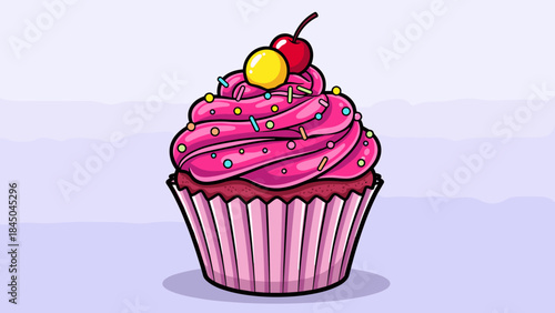 A vibrant cupcake with pink frosting, sprinkles, and a cherry on top, set against a light purple background.