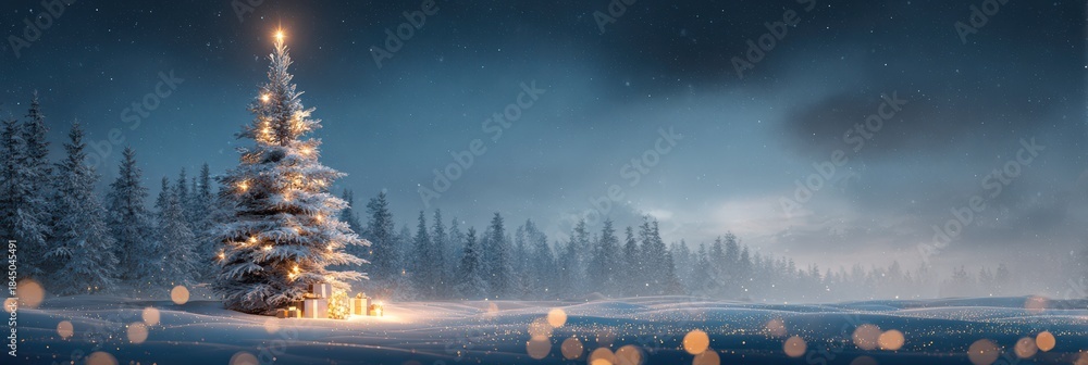 Fototapeta premium winter christmas panoramic landscape snow night forest village lights cinematic ultra wide snowy night panorama with