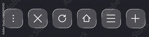 Glass morphism computer interface button including menu, close, refresh, home, list, and add on transparent background. navigation and interaction symbol. vector illustration.