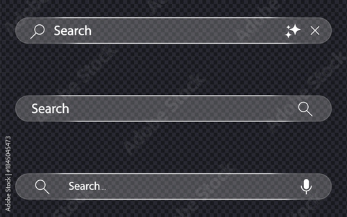 Glass morphism search bar with liquid glass effect on transparent background. Modern translucent search bar user interface symbol. vector illustration.
