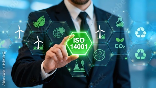 Business professional interacting with ISO 14001 environmental management system icons on a digital interface
