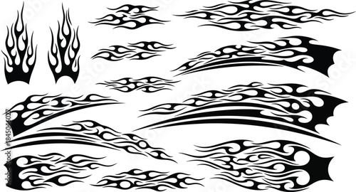 Flame decal. Fire abstract black silhouette flames for race car or tattoo. Tribal flame hotrod car vinyl decals and motorcycle airbrush stencil. Burning element vector