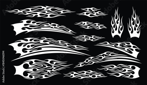 Flame decal. Fire abstract black silhouette flames for race car or tattoo. Tribal flame hotrod car vinyl decals and motorcycle airbrush stencil. Burning element vector