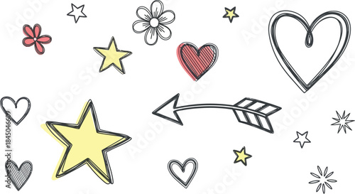 Doodle grunge rock set, hand drawn vector graffiti groovy punk print kit, emo gothic heart sign. Marker scribble sticker, crayon wax paint collage icon, gun, fire, knife, lips.