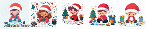 little boy wearing santa hat while drawing. Vector, minimalist, illustration, icon set.