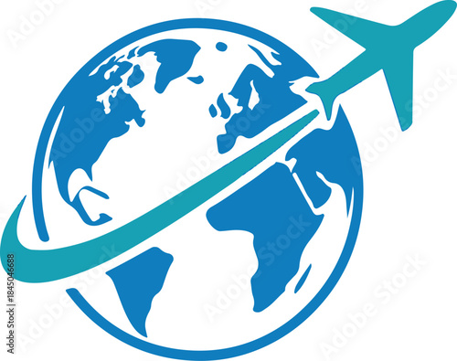 Global Travel Globe Icon - Blue Airplane Flying Around the World Graphic