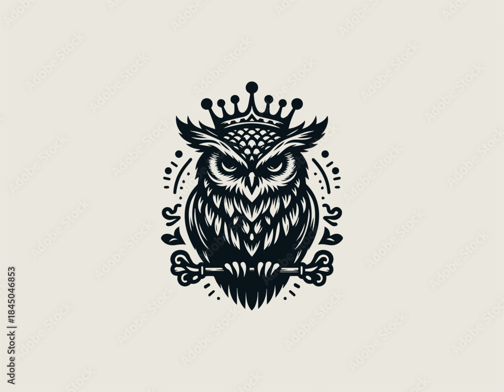 Fototapeta premium Wise owl king character wearing royal authority is designed as a bold black vector logo illustration