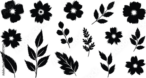 Scandinavian flower elements. Scandi style doodle plants, leaves flowers and branches vector set. Illustration branch plant and flower 