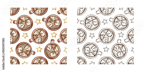 Hand drawn vintage seamless pattern of hot cocoa with marshmallows and golden stars in monochrome and brown color