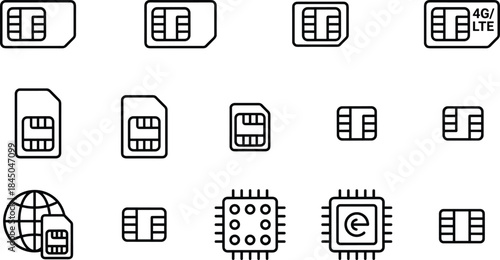SIM card icons, microchip symbols, mobile technology, nano SIM, 4G LTE, telecom graphics, electronic components, vector set, black and white