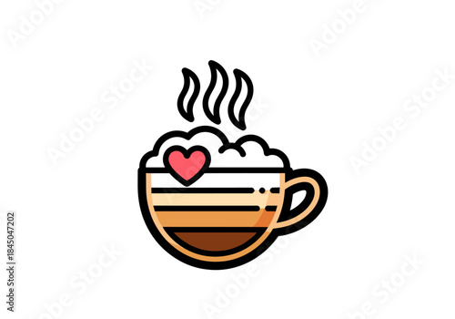 Illustration of a layered coffee drink with foam and a heart on top, steaming.