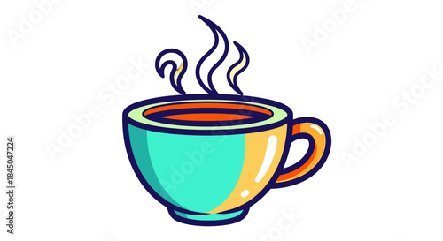 Illustration of a steaming cup of coffee with a turquoise body and yellow handle.