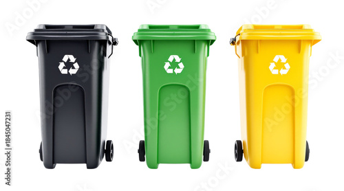 Recycling bin set black green yellow with white recycling symbol on transparent background