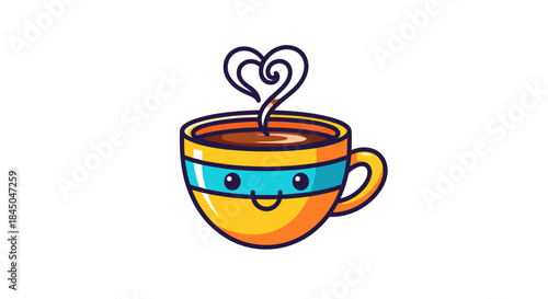Cute cartoon coffee cup with heart-shaped steam, smiling face, and blue stripe on a white background.
