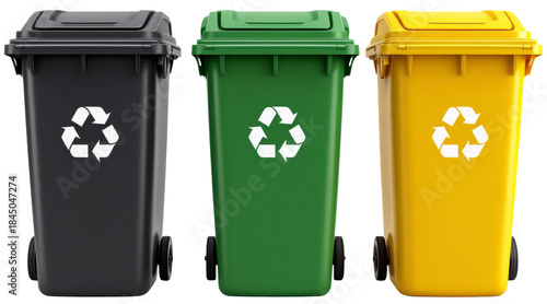 Recycling bins in black, green, and yellow with white recycling symbols isolated on white background
