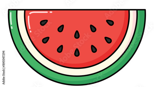 Illustration of a slice of watermelon with red flesh and black seeds, isolated on white.
