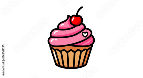 A cartoon cupcake with pink frosting, a cherry on top, and a heart decoration.