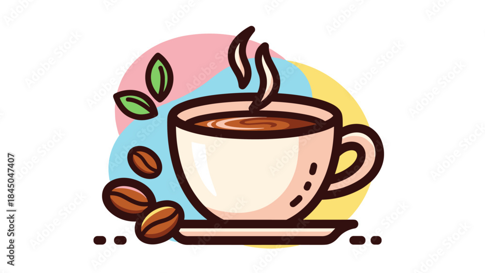 Obraz premium A cartoon illustration of a steaming cup of coffee with coffee beans and leaves against a colorful background.