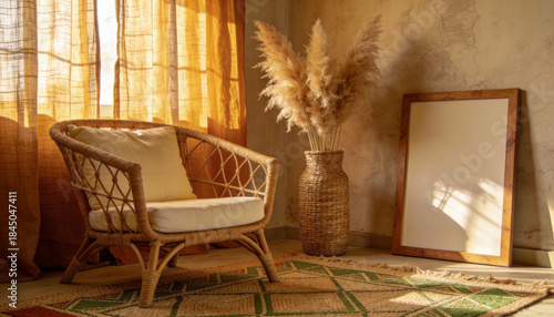 Boho Cozy Living Room Background with Blank Artwork Frame