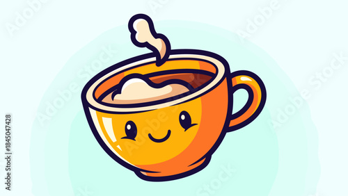 Cute cartoon coffee cup with whipped cream and a smiling face on a light blue background.