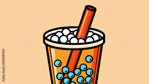 Illustration of a cup of bubble tea with a straw and tapioca pearls, on a beige background.