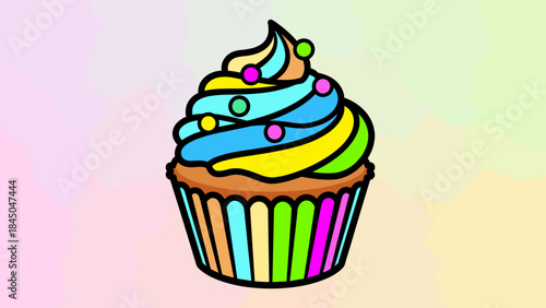 A colorful cartoon cupcake with frosting and sprinkles on a pastel background.