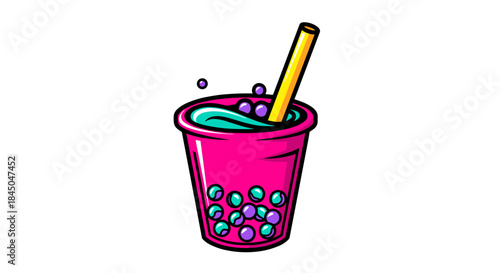Illustration of a pink bubble tea cup with blue liquid and tapioca pearls.