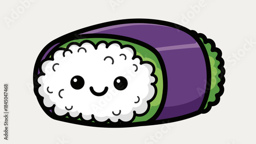 Cute sushi roll cartoon character with a happy face and purple seaweed wrapper.