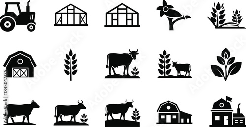 Minimalist farming icons set featuring barn, tractor, and cow in black silhouette