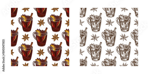 Hand drawn vintage seamless pattern of mulled wine with orange, cinnamon and star anise in brown and red color