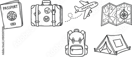 Hand drawn set of travel doodles with bright purple lettering in vector