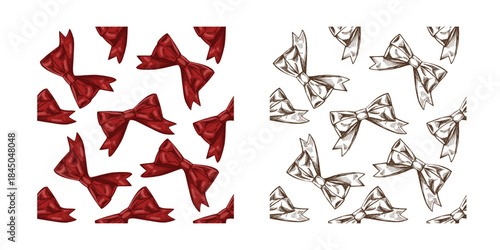 Hand drawn vintage seamless pattern of decorative bow and ribbon in festive red color and monochrome version